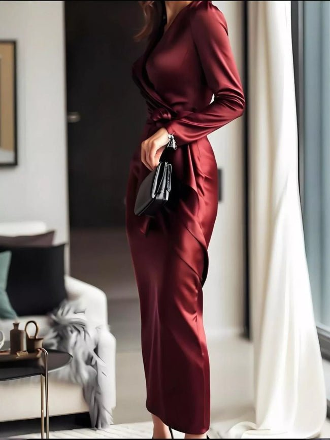 Burgundy Surplice Satin Long Sleeve Maxi Dress - Bazaare Mart