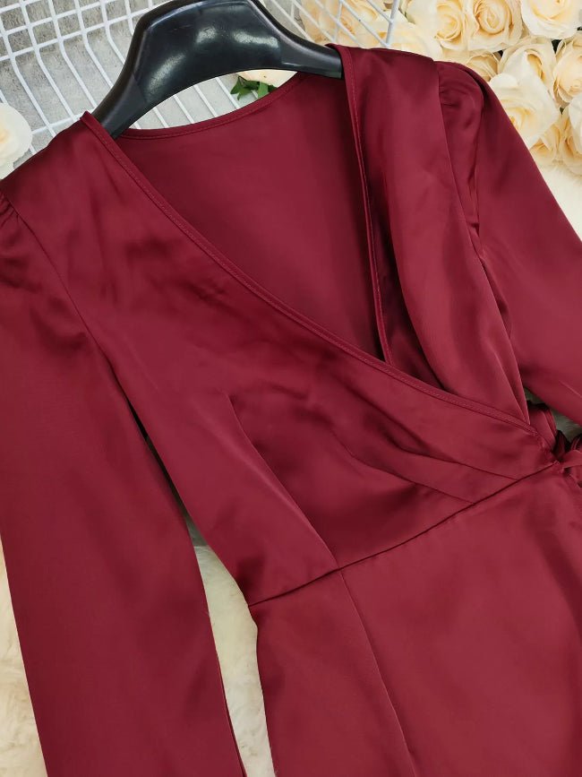 Burgundy Surplice Satin Long Sleeve Maxi Dress - Bazaare Mart