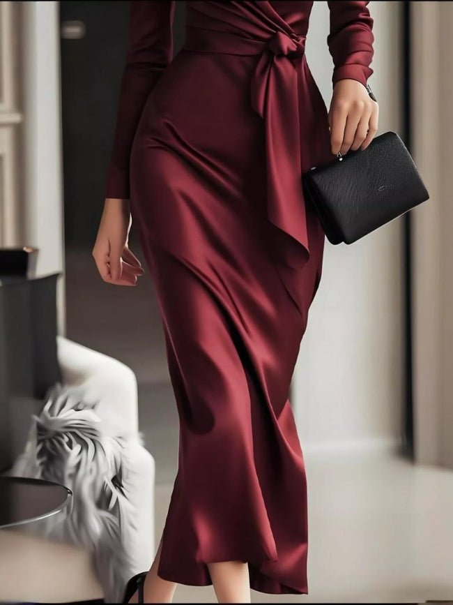 Burgundy Surplice Satin Long Sleeve Maxi Dress - Bazaare Mart