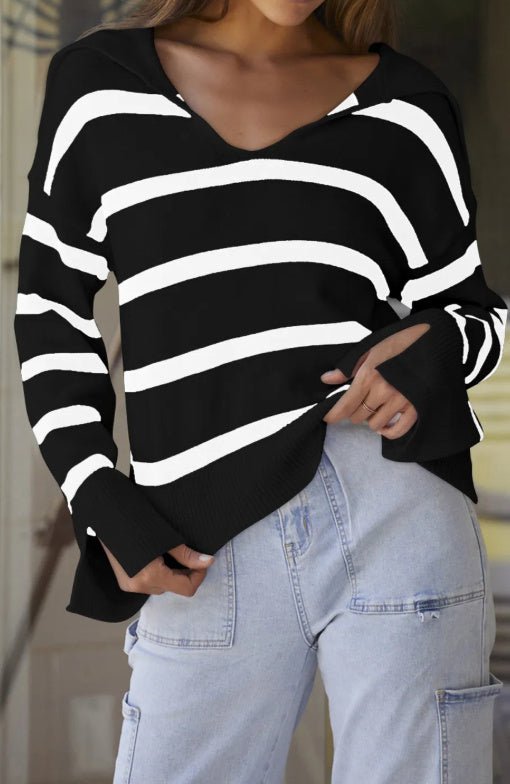 B&W Striped V Neck Slit Sleeve Sweater - Bazaare Mart