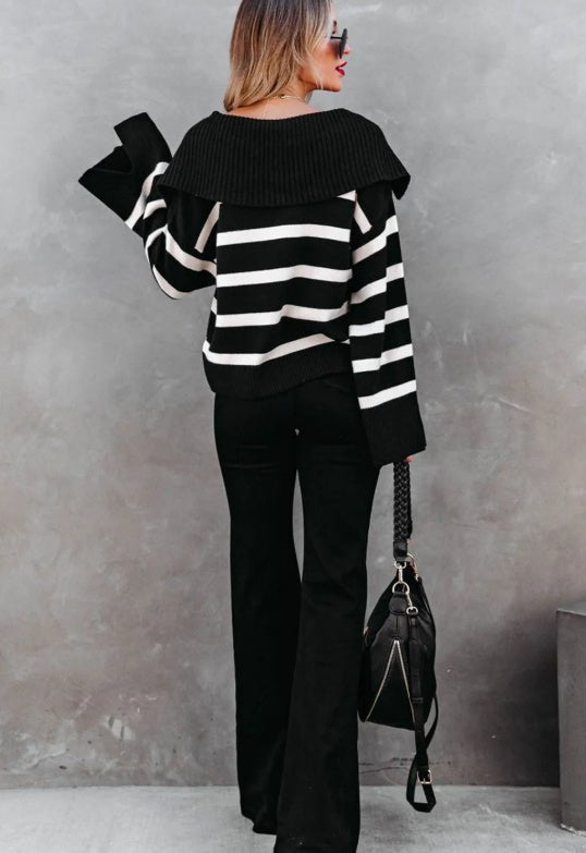 B&W Striped V Neck Slit Sleeve Sweater - Bazaare Mart