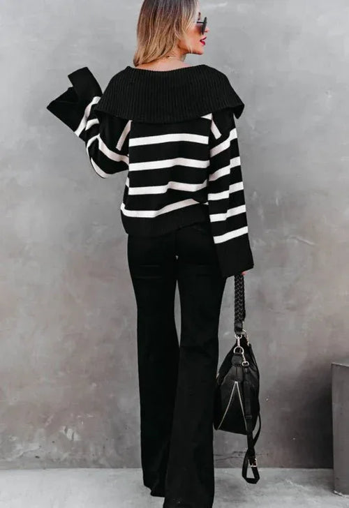 B&W Striped V Neck Slit Sleeve Sweater Bazaare Mart B&W Striped Sweater