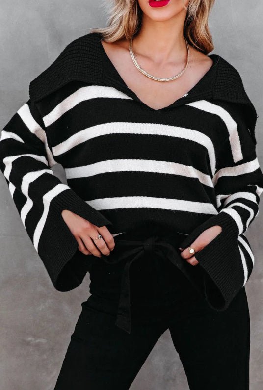 B&W Striped V Neck Slit Sleeve Sweater - Bazaare Mart