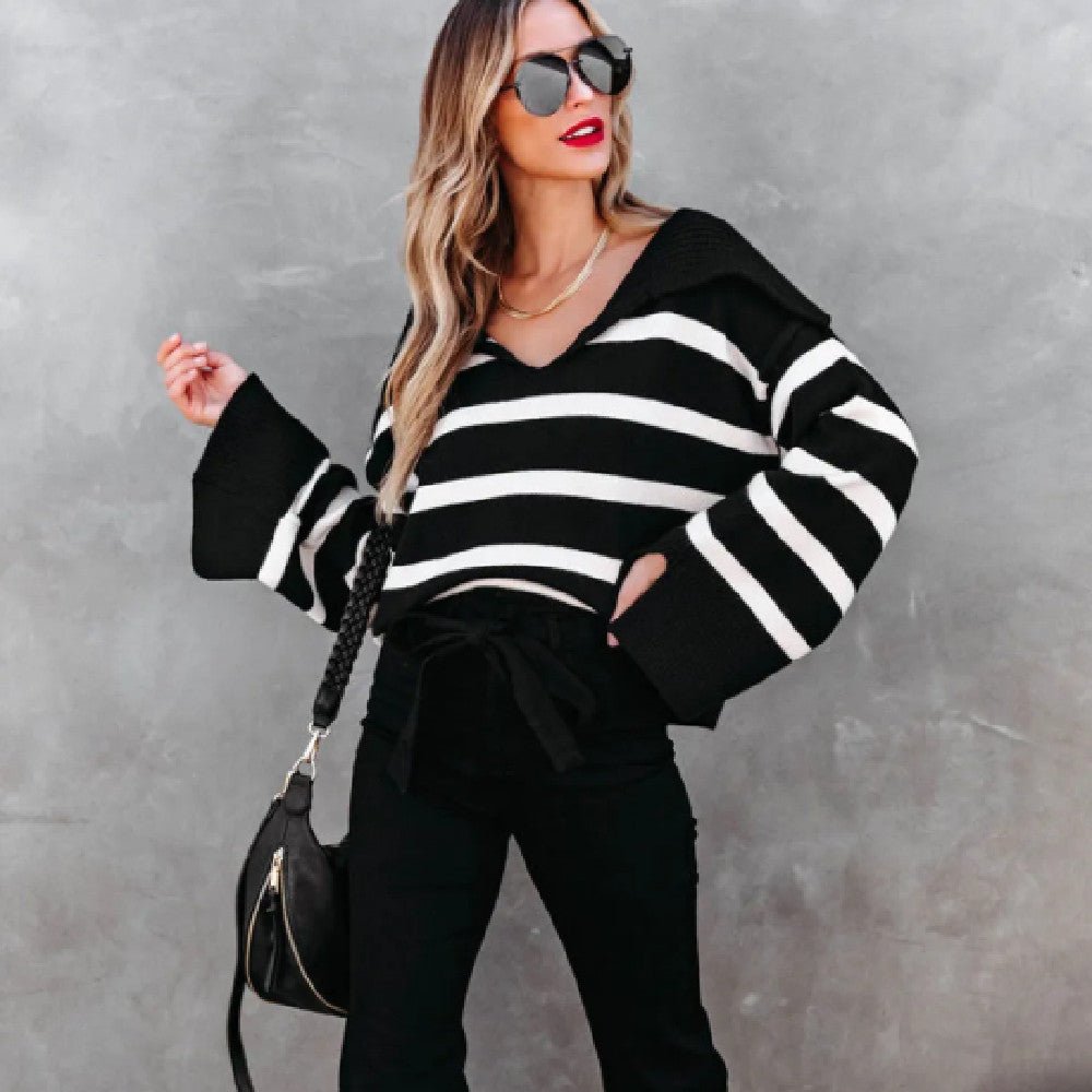 B&W Striped V Neck Slit Sleeve Sweater - Bazaare Mart