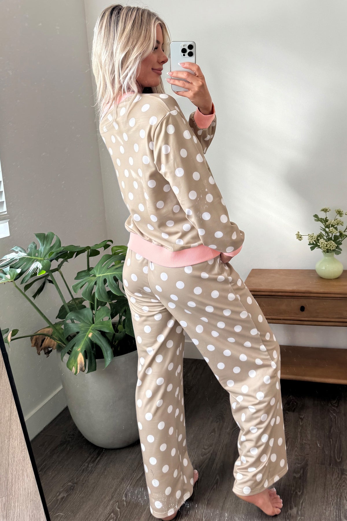 Polka Dot Contrast Trim Top & Drawstring Pants Set