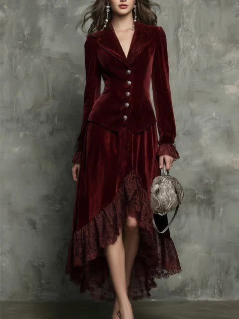 Vintage Velvet and Lace High Low Skirt Suit