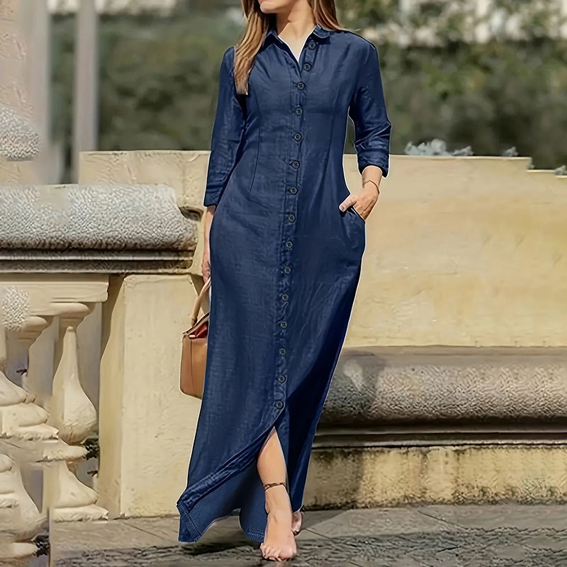 Button Down Denim Maxi Dress with Pockets