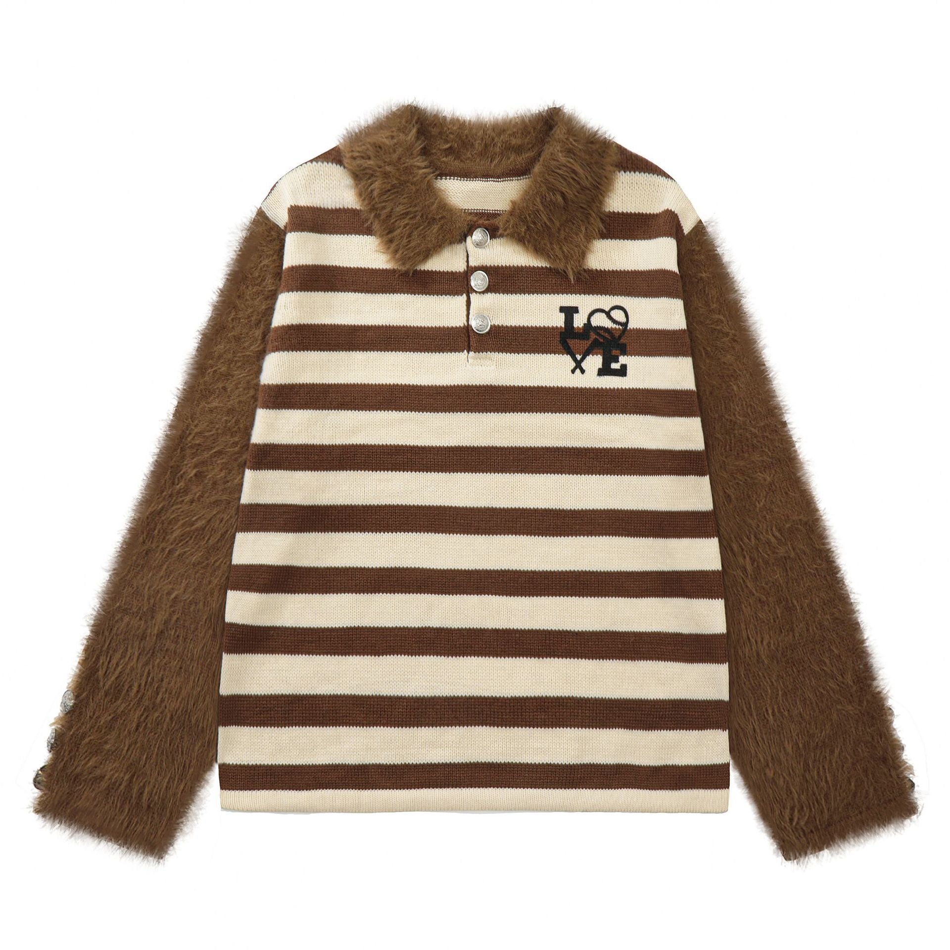 American Retro Striped Furry Lapel Sweater