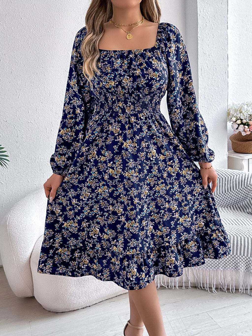 Floral Long Sleeve Square Neck Midi Dress Navy Blue Bazaare Mart Long Sleeve Floral Peasant Dress
