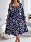 Floral Long Sleeve Square Neck Midi Dress Navy Blue Bazaare Mart Long Sleeve Floral Peasant Dress