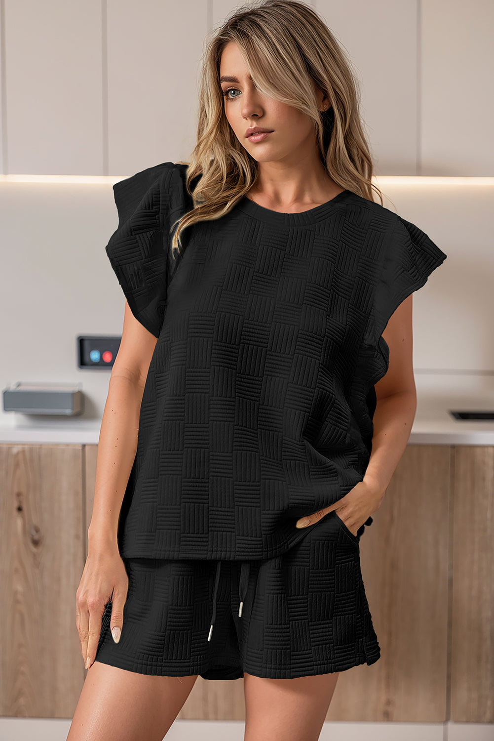 Black Textured Ruffled Sleeve Tee and Shorts Set