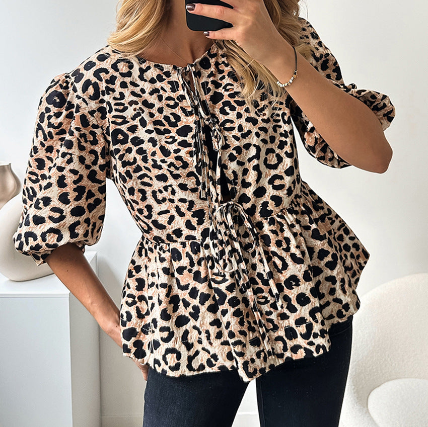 Leopard Lace-up Bubble Sleeve Blouse