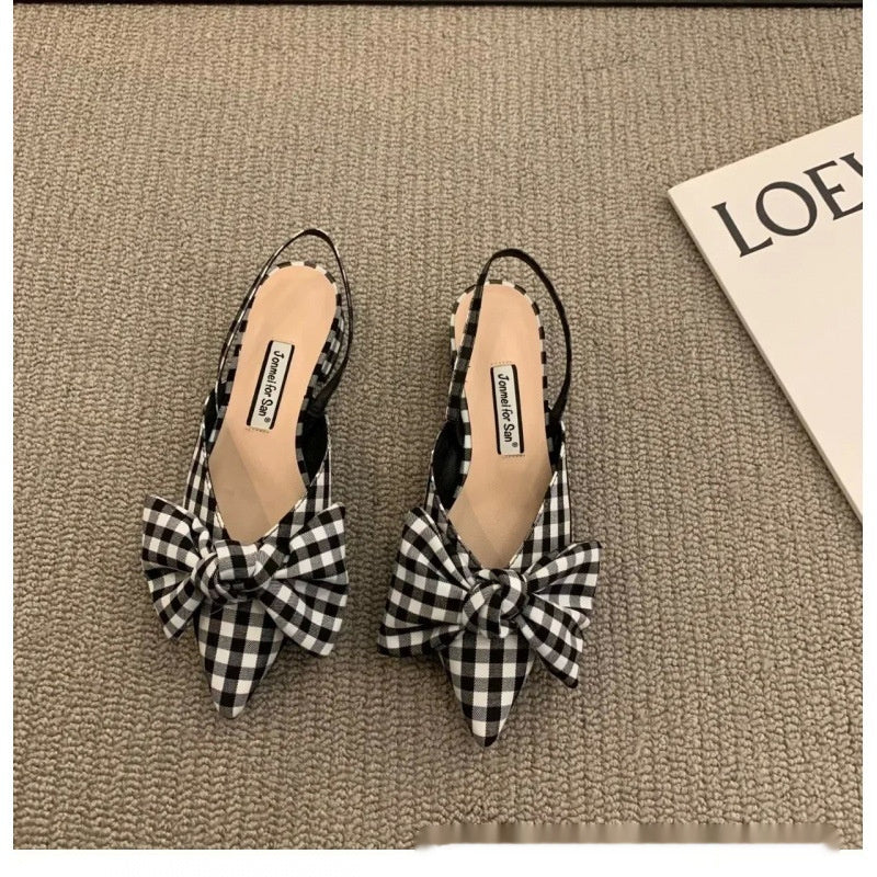 French-Style Bow Pointed Toe Flats – Elegant Slip-On Closed-Toe Sandals for Women Plaid CJ Dropshipping Pointed Toe Low Heel Dot Slings