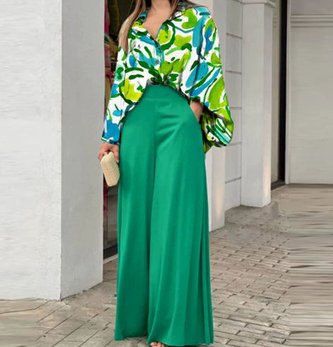 Loose & Printed Blouse and Coordinating Wide Leg Solid Color Pants Set Cyan CJ Dropshipping Loose Blouse and Pants Set
