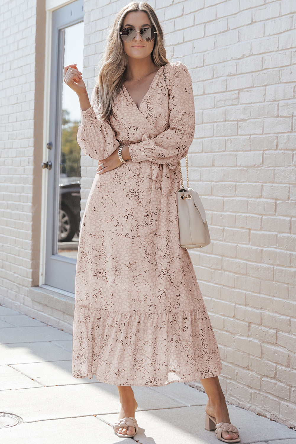 Leopard Long Sleeve Maxi Dress with Sash