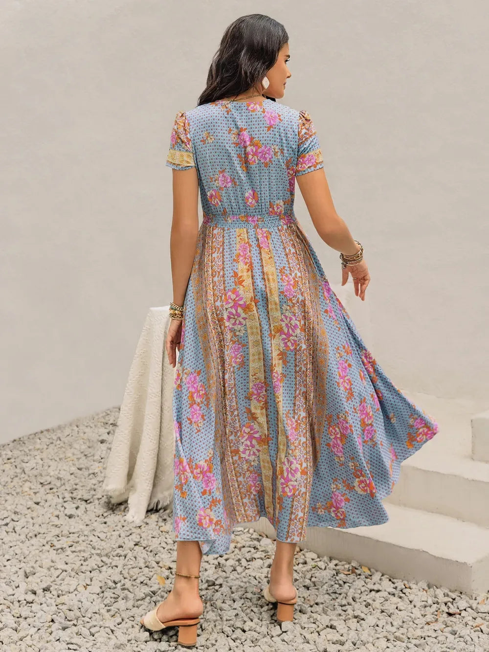 Smocked Floral V-Neck Short Sleeve Midi Dress Bazaare Mart Smocked Floral V-Neck Short Sleeve Midi Dress