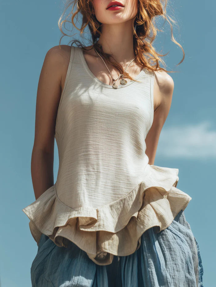 Women’s Sleeveless Ruffle Hem Top – Casual Fashion Tank Blouse Beige CJ Dropshipping Sleeveless Ruffled Top