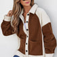 Brown Colorblock Button Down Fleece Shacket Bazaare Mart Outerwear/Jackets