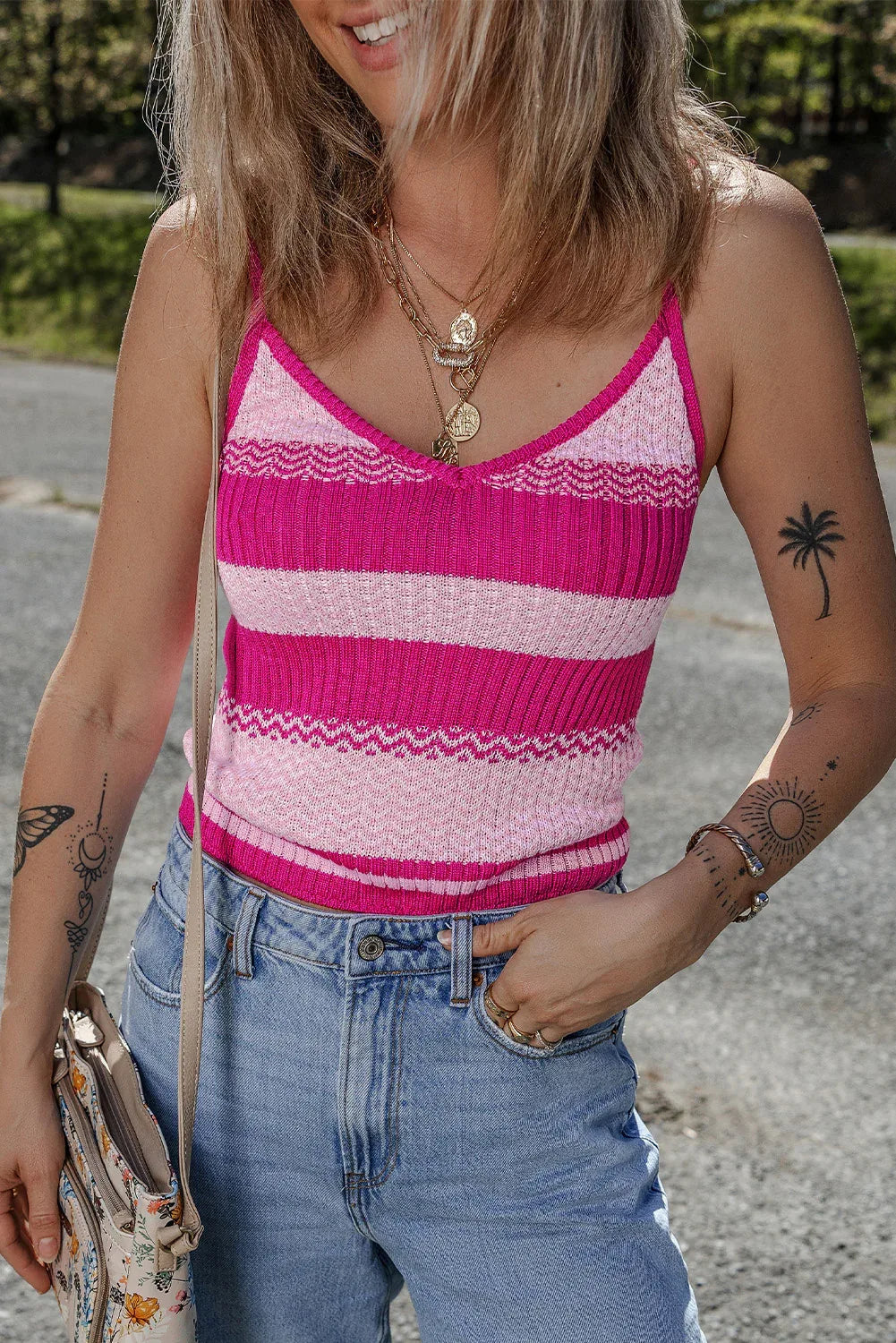 Pink Stripe Spaghetti Strap V Neck Sweater Vest Red Stripe 100%Cotton Bazaare Mart Sweaters & Cardigans/Sweater Vests