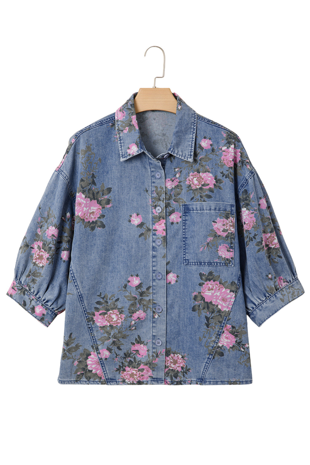 Blue Floral Denim Shirt – Bracelet Sleeve Lightweight Button Up Blouse