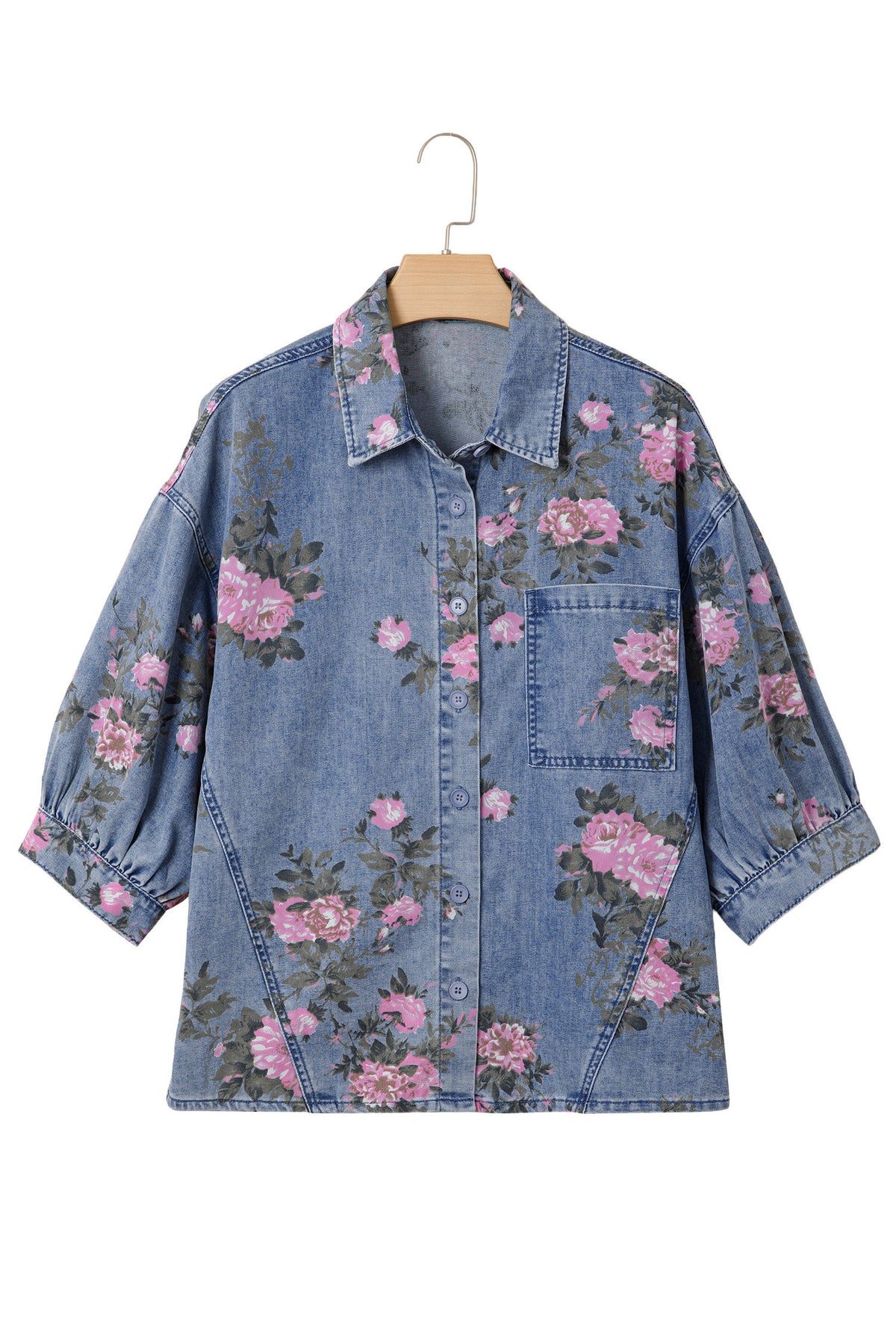 Blue Floral Denim Shirt – Bracelet Sleeve Lightweight Button Up Blouse