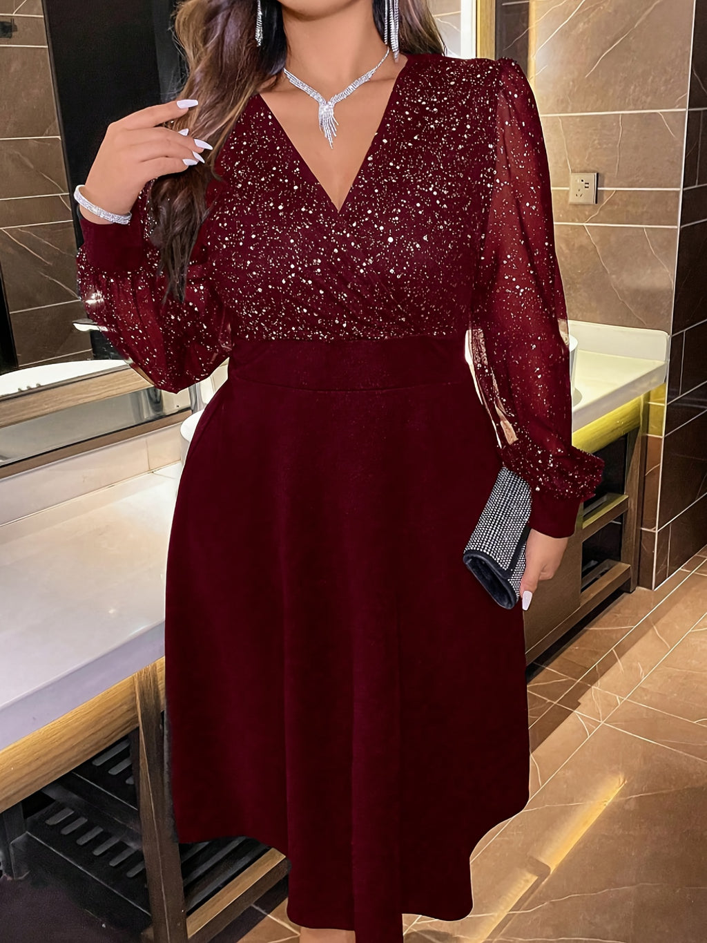 Burgundy Sparkling Sequin V-Neck Bell Sleeve Dress