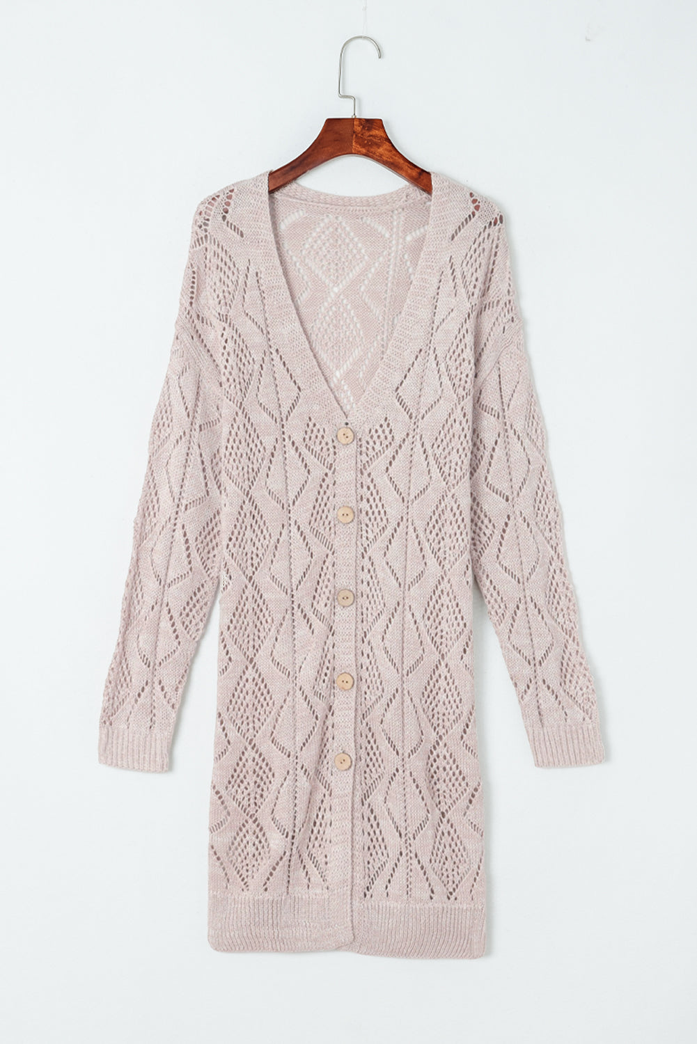 Khaki Openwork Knit Long Cardigan