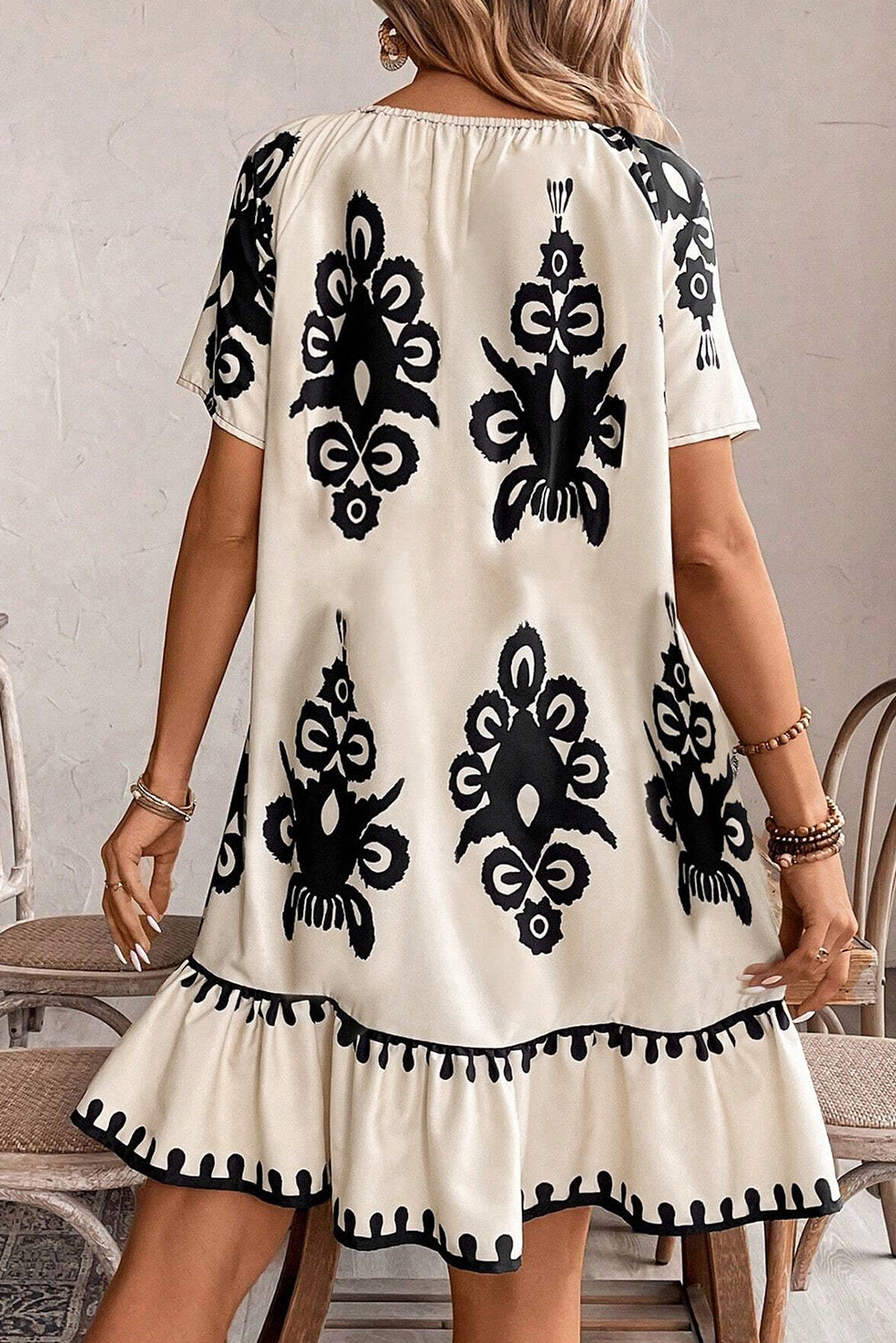 Apricot Print Ruffled Short Sleeve Loose Dress