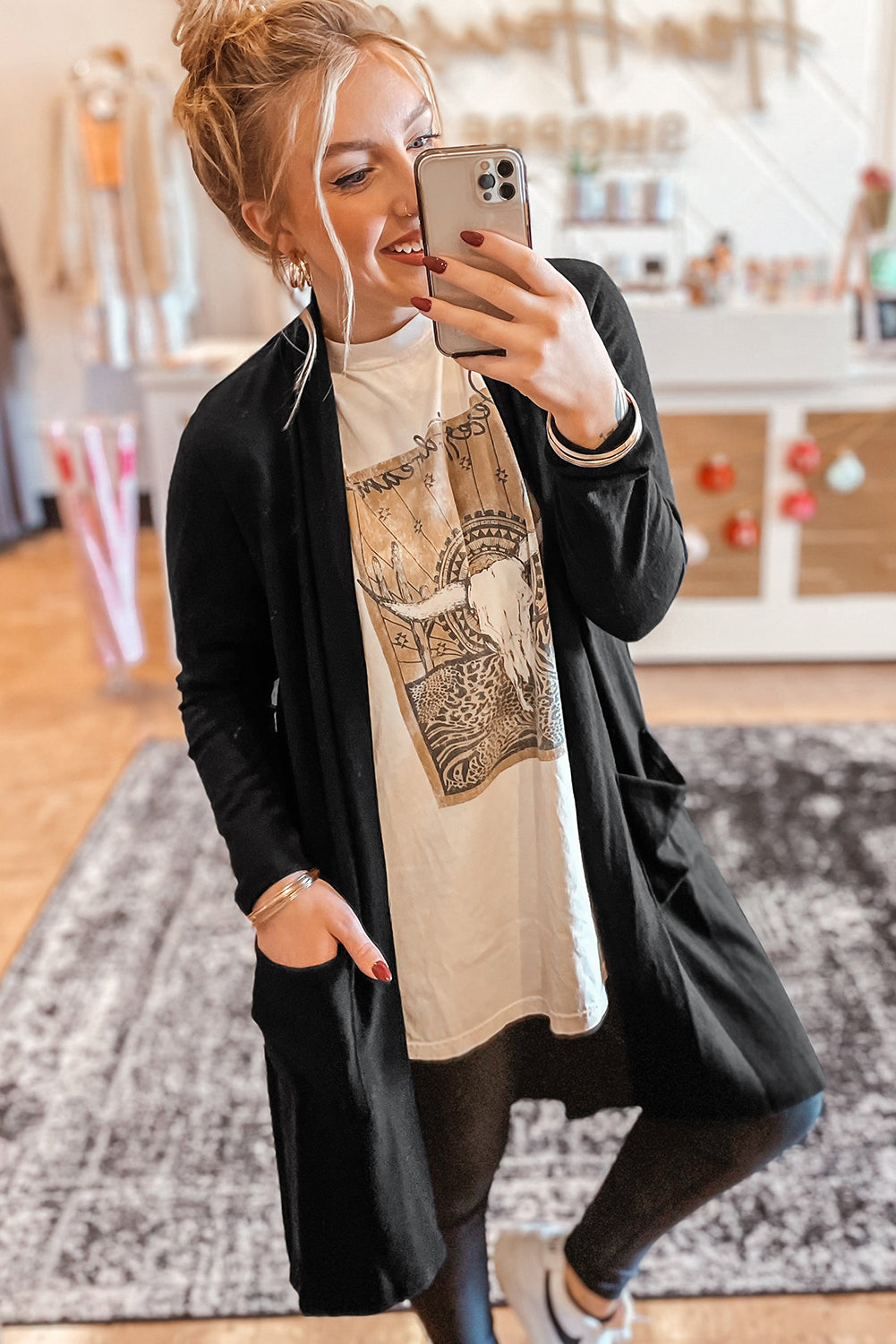 Black Knee Length Open Front Cardigan