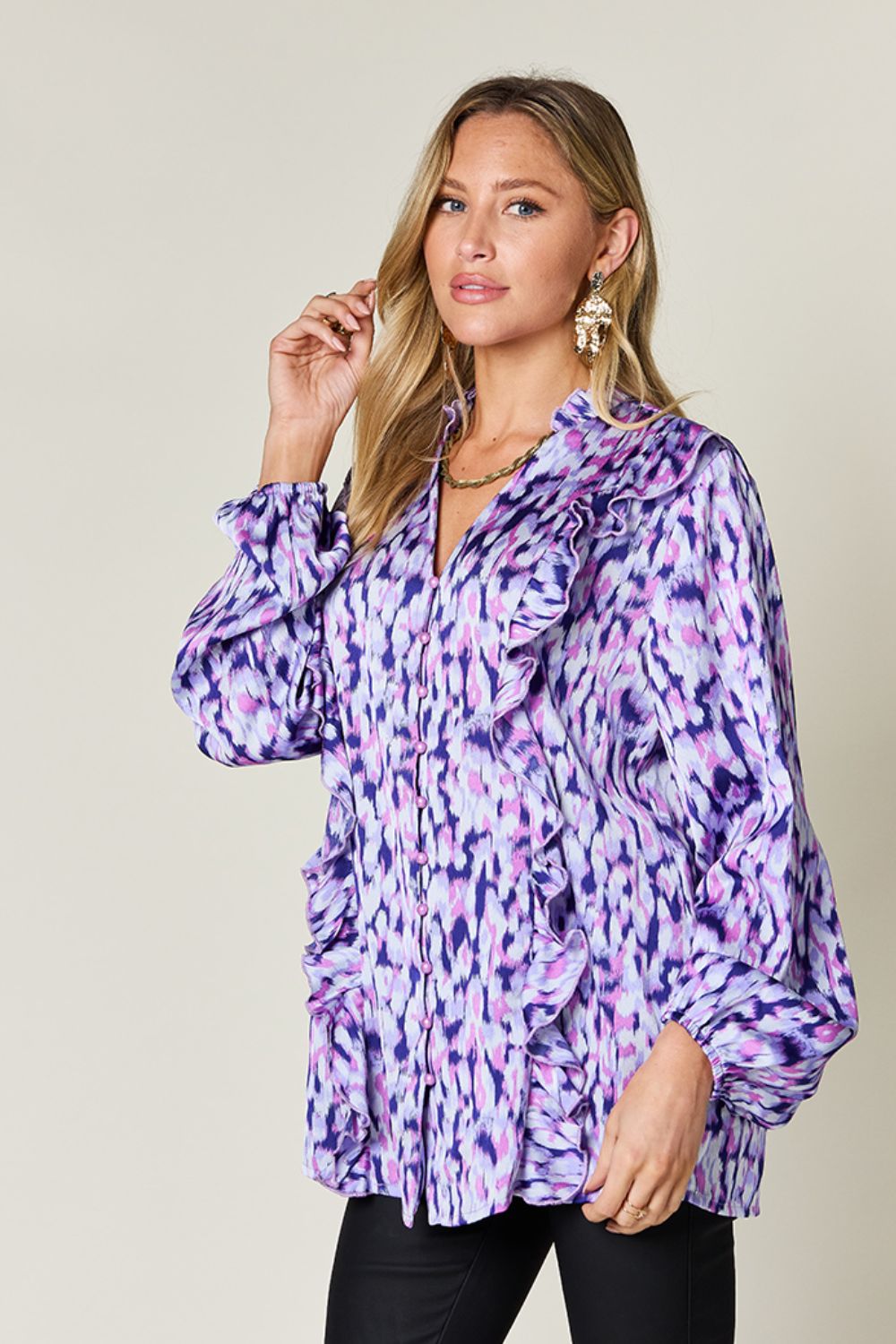 Printed Ruffle Trim Balloon Sleeve Shirt