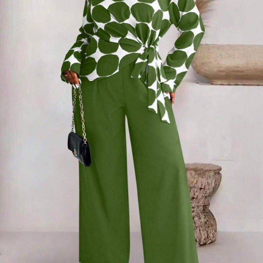 Green Polka Dot Long Sleeve Top & Wide Leg Pants Set