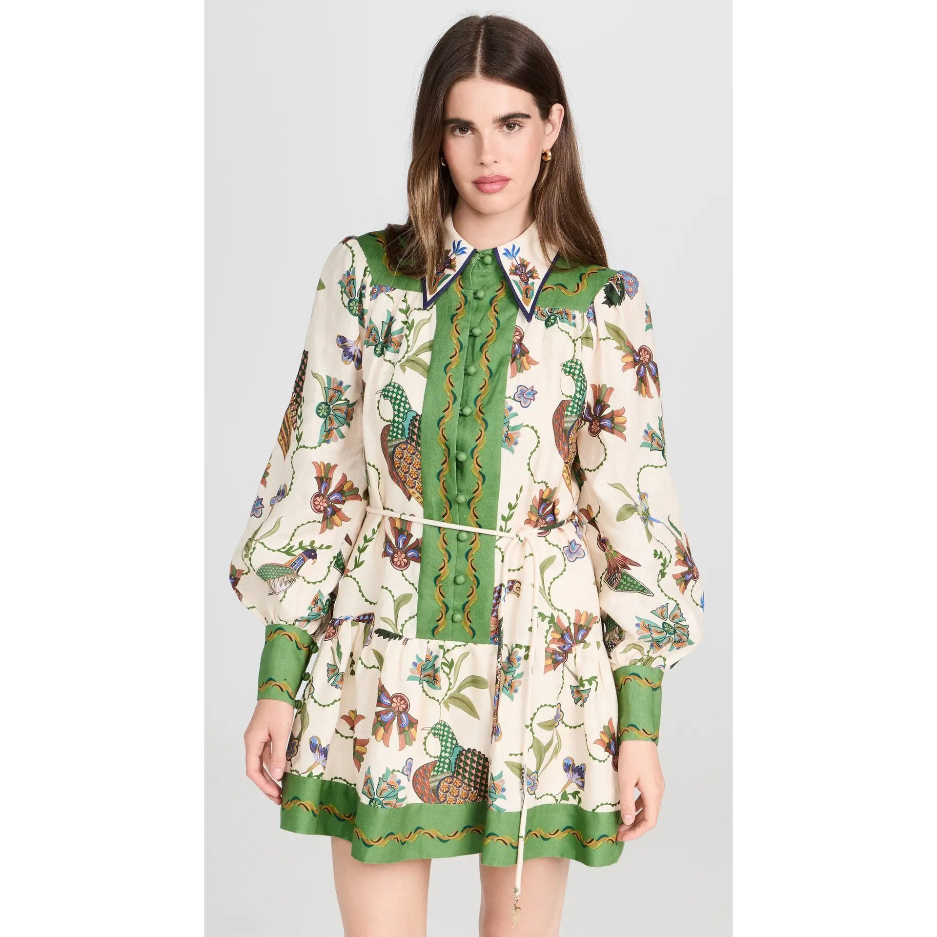 Women’s Floral Print Long Sleeve Mini Dress – Lace-Up Lapel Shirt Dress CJ Dropshipping Classy Green Floral Dress