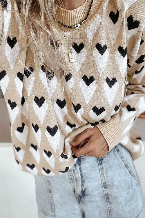 Beige Geo Diamond and Heart Pullover Sweater Bazaare Mart Sweaters & Cardigans/Sweaters