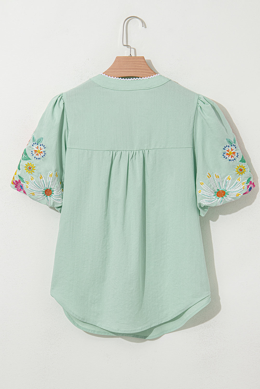 Green Floral Embroidered Puff Sleeve Split Neck Blouse