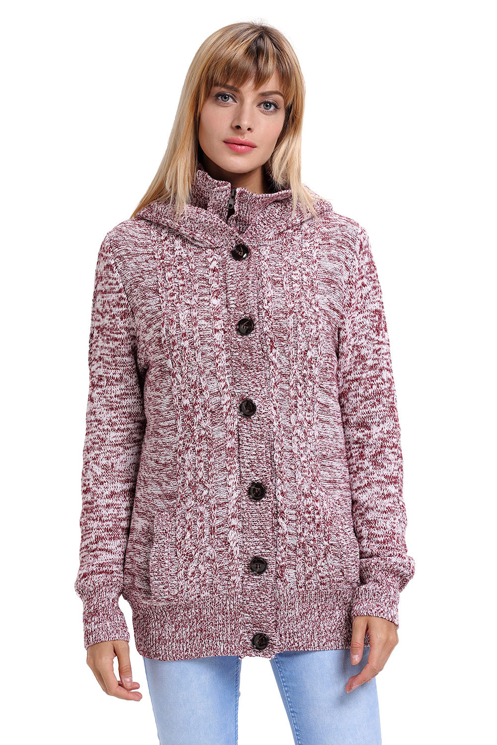 Red Fur Lined Button-Up Hooded Cardigan