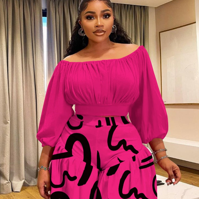 Plus Size Puff Sleeve Two-Piece Set – Off-Shoulder Crop Top & Wide Leg Shorts Outfit CJ Dropshipping Plus Size Off Shoulder 2pc Shorts Set