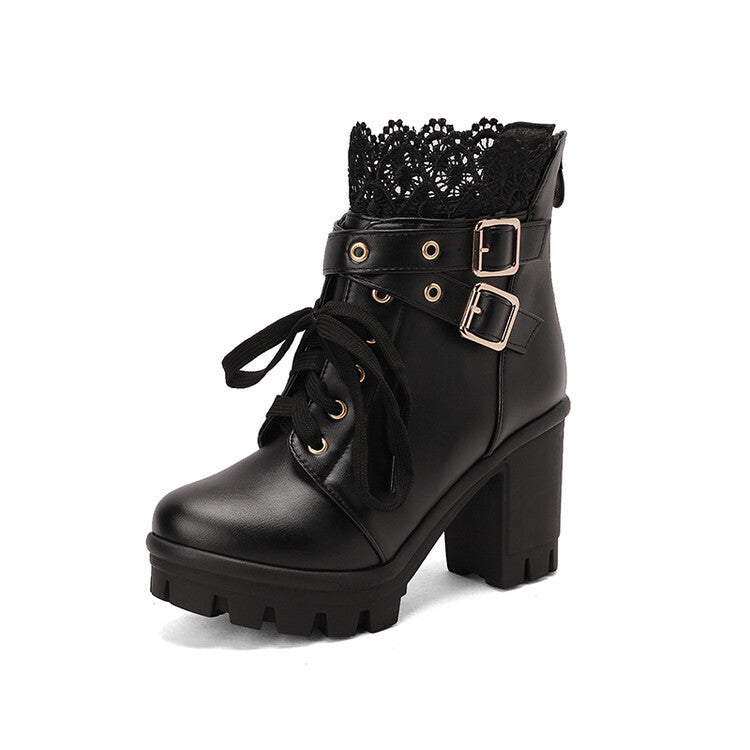 Lace High Block Heel Ankle Boots