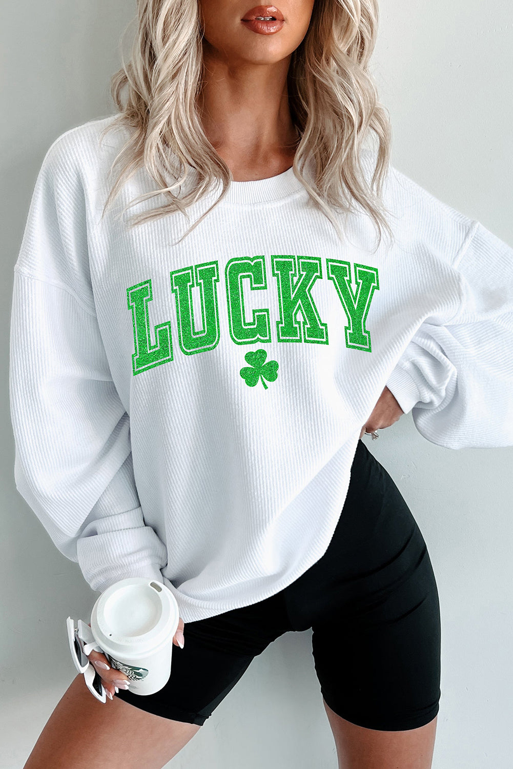 White LUCKY Graphic Corded Sweatshirt