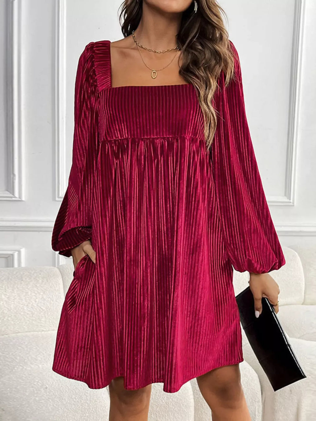 Textured Velvet Square Neck Long Sleeve Dress Bazaare Mart Long Sleeve Square Neck Velvet Dress