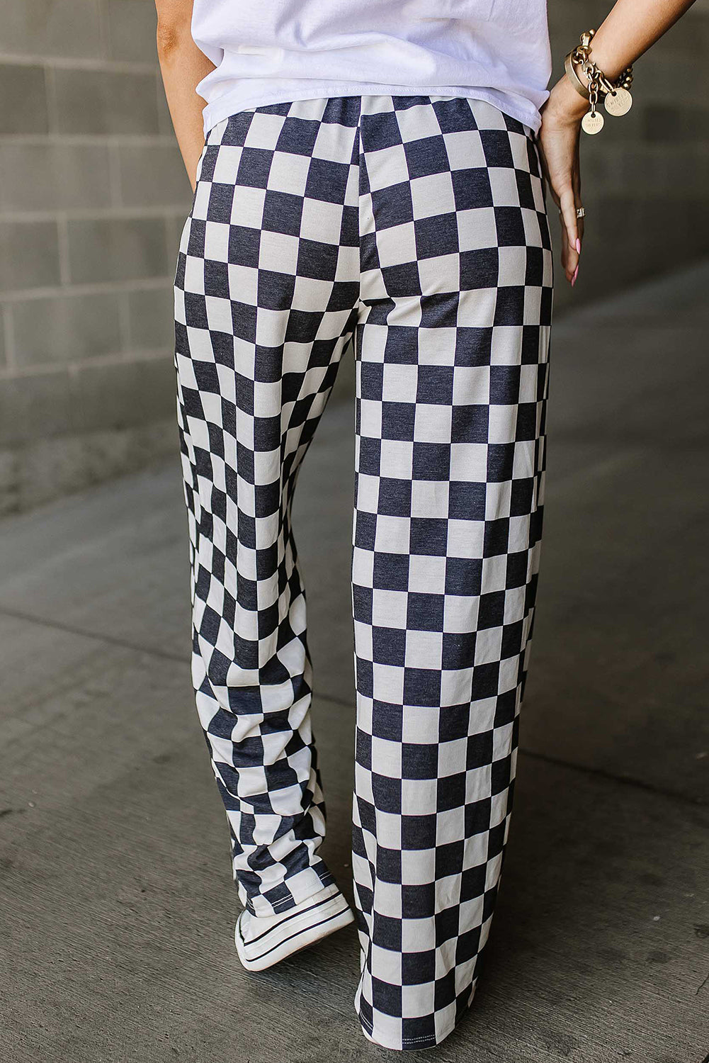 B&W Checkered Print High Waist Wide Leg Pants