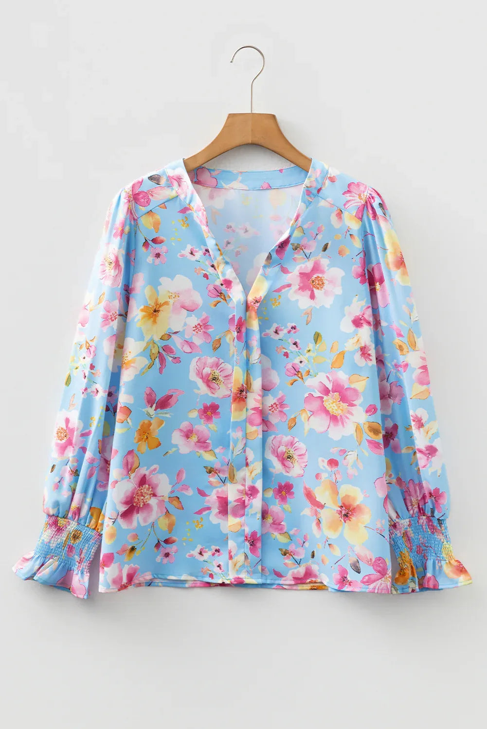 Blue Floral Smocked Cuff Long Flounce Sleeve V Neck Blouse