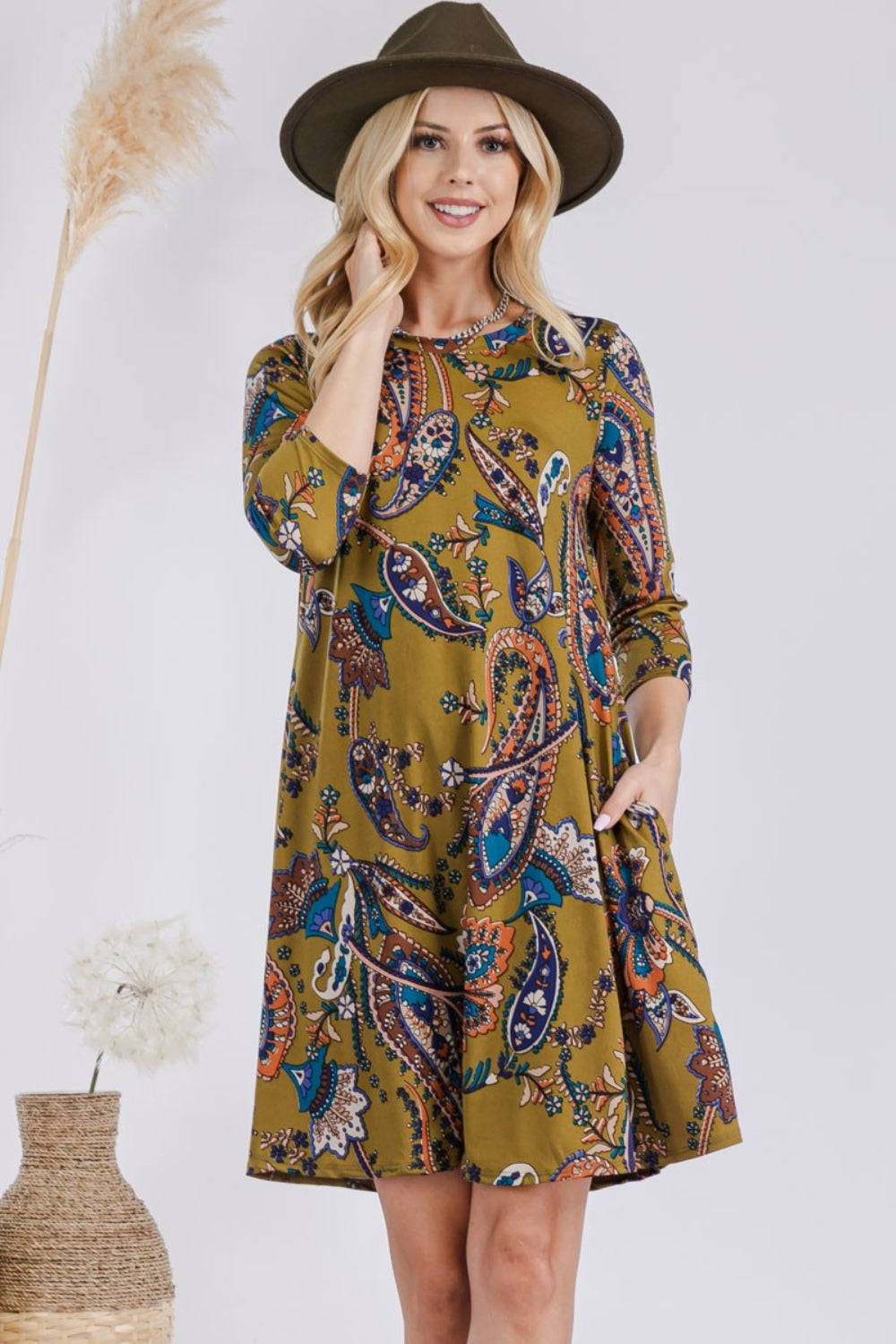 Paisley Print 3/4 Sleeve Dress with Pockets