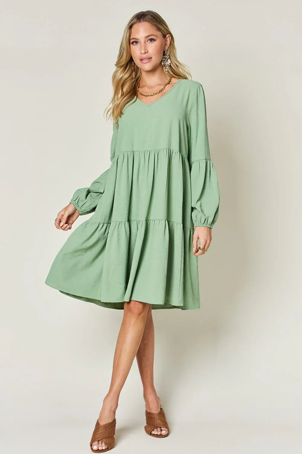 Solid V-Neck Long Balloon Sleeve Tiered Dress Bazaare Mart Long Sleeve Layered Dress