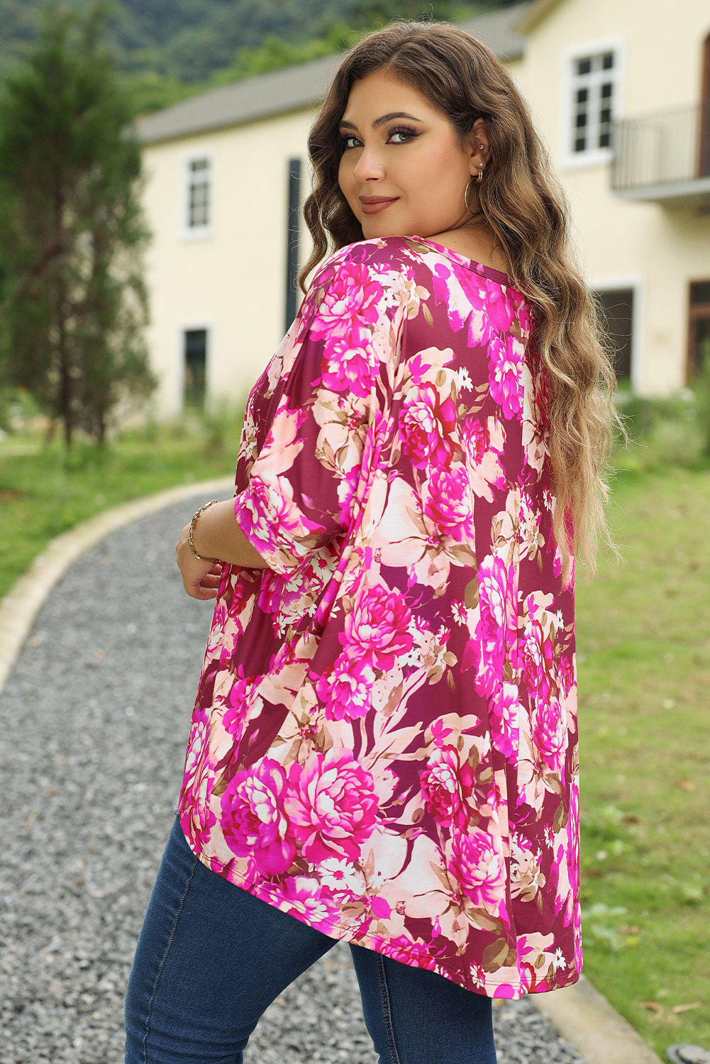 Magenta Floral Half Sleeve Plus Size Blouse
