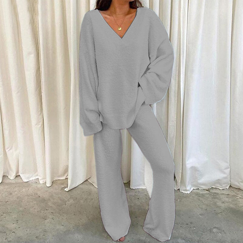 Grey Comfortable Solid Color V-Neck Two-Piece Fleece Set