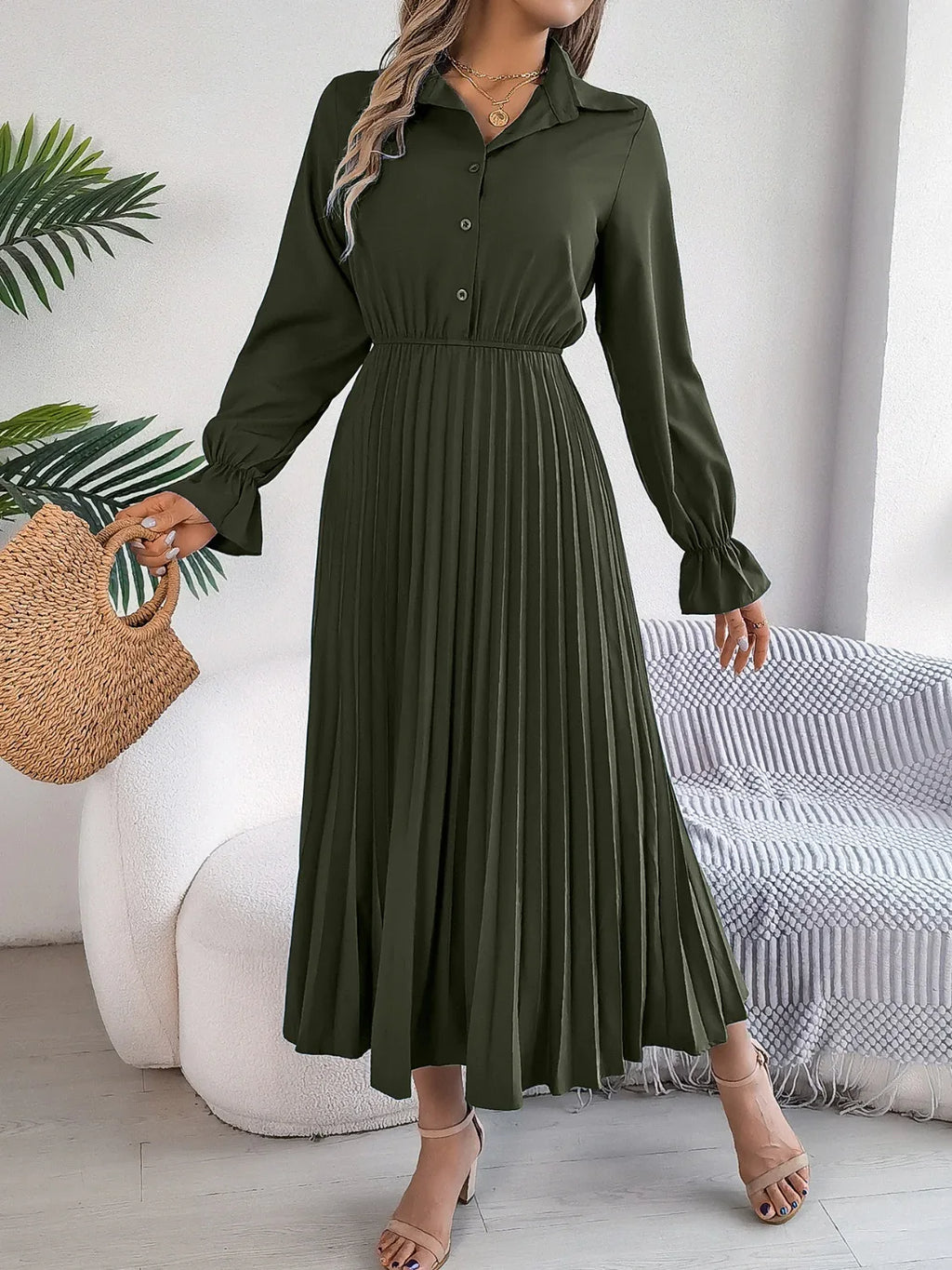 Pleated Half Button Long Sleeve Midi Dress Bazaare Mart Pleated Half Button Long Sleeve Midi Dress