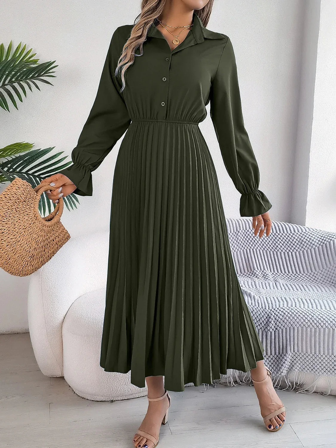 Pleated Half Button Long Sleeve Midi Dress Bazaare Mart Pleated Half Button Long Sleeve Midi Dress