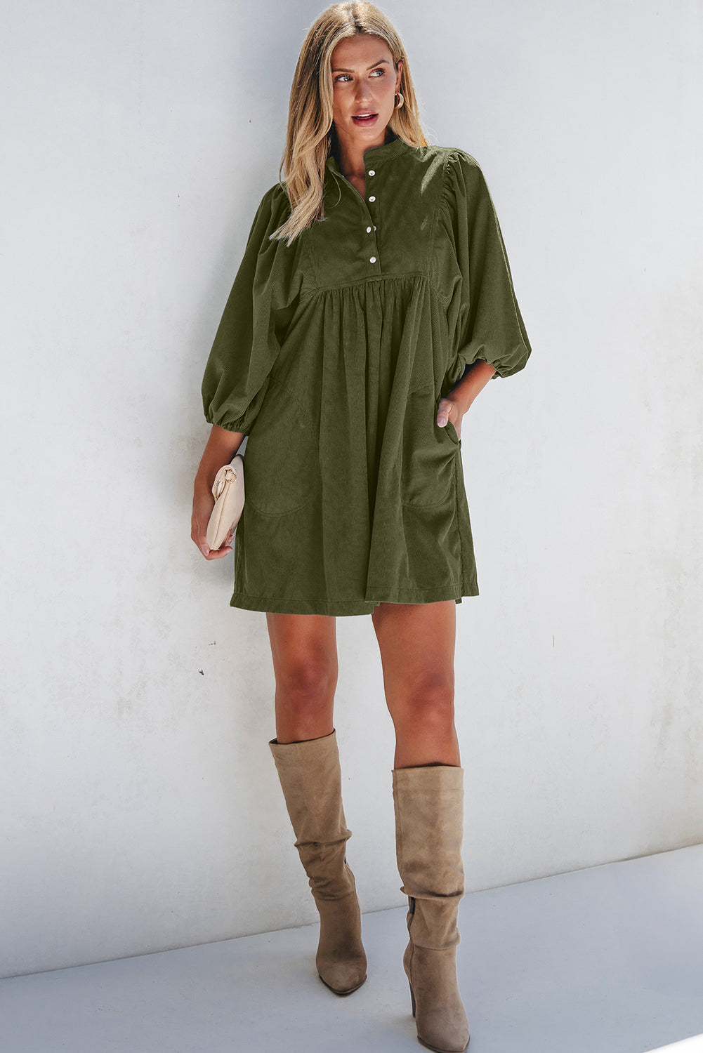Green Corduroy Empire Waist Dress