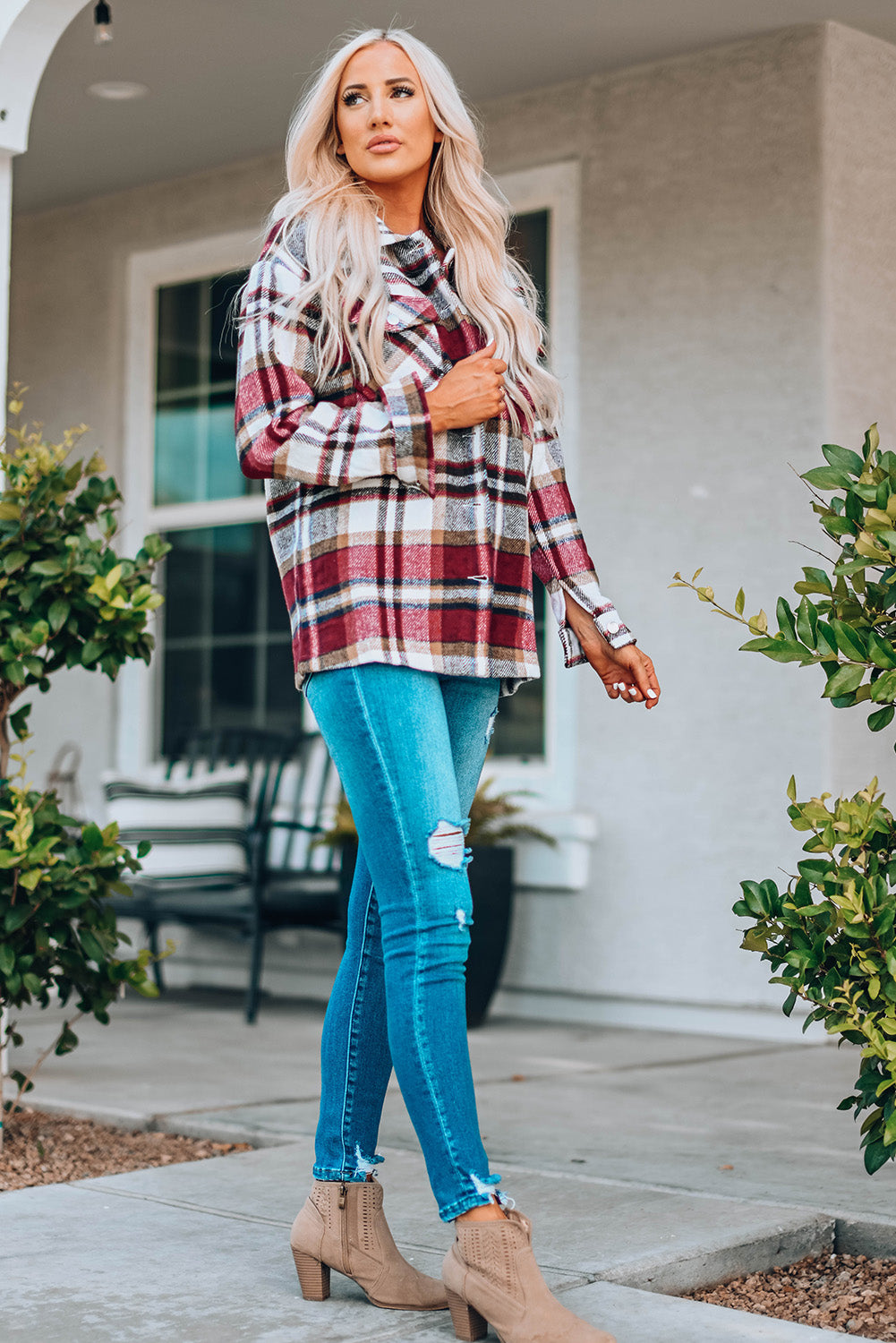 Red Plaid Pocketed Shacket
