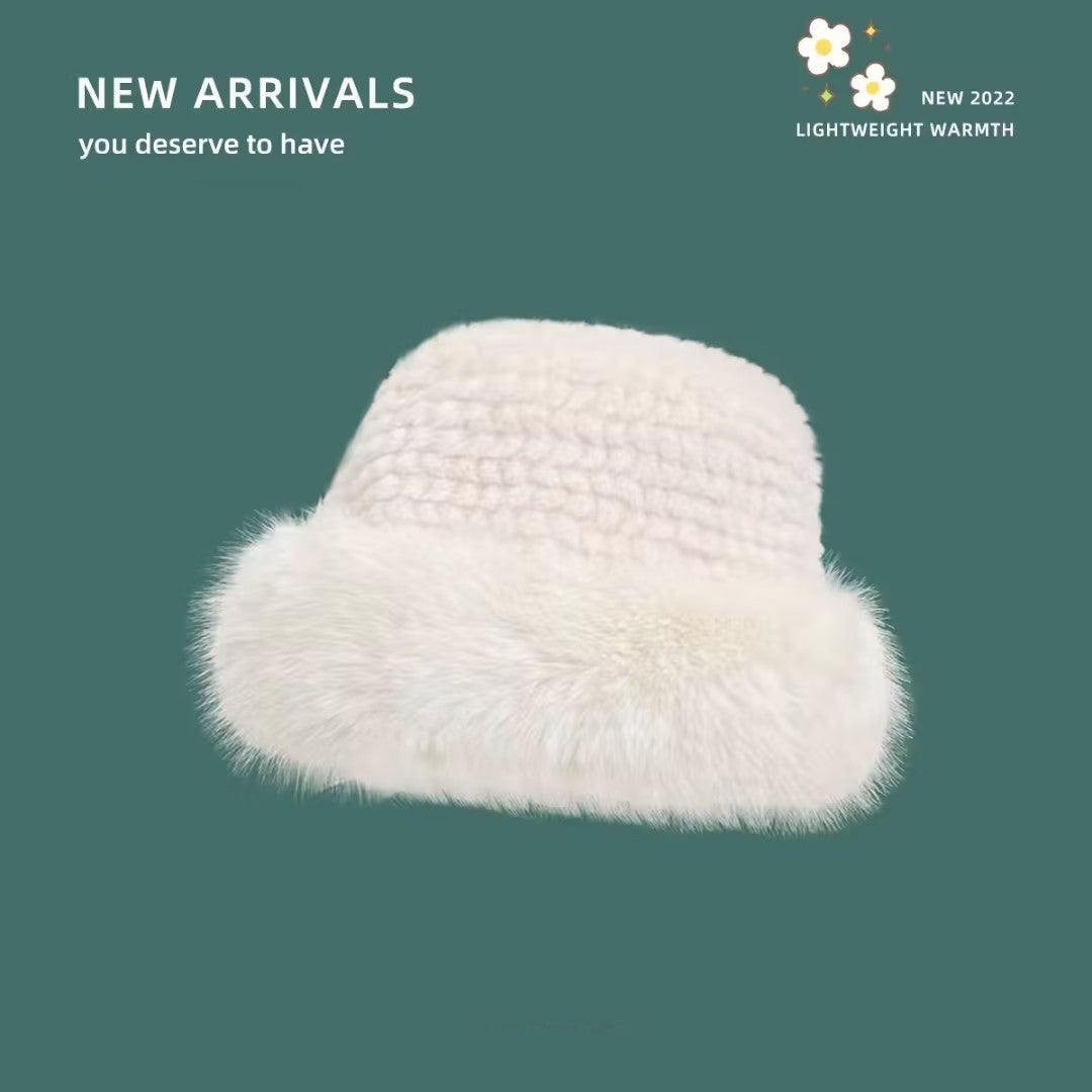 Ladies White Furry Knit Mongolian Hat